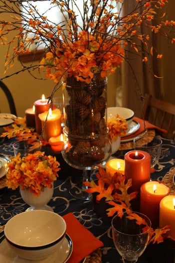 Autumn Table Setting with Pine Cones and Candles