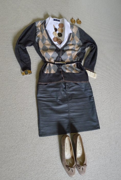 $20 sweater looks great with gray skirt and belt