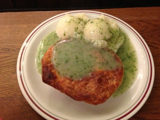 The East End on a plate; pie, mash and liquor. 