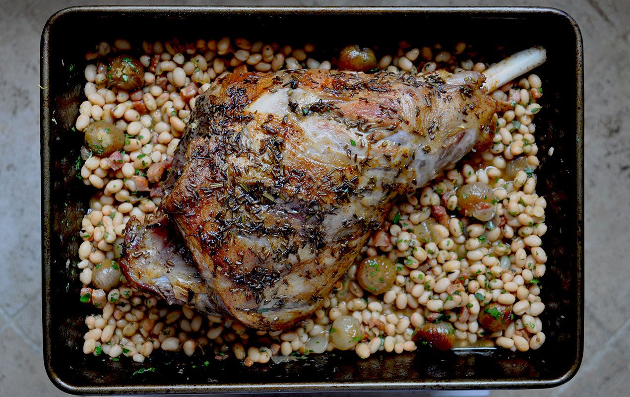 Lavender And Rosemary Roasted Leg Of Lamb With Haricot Beans