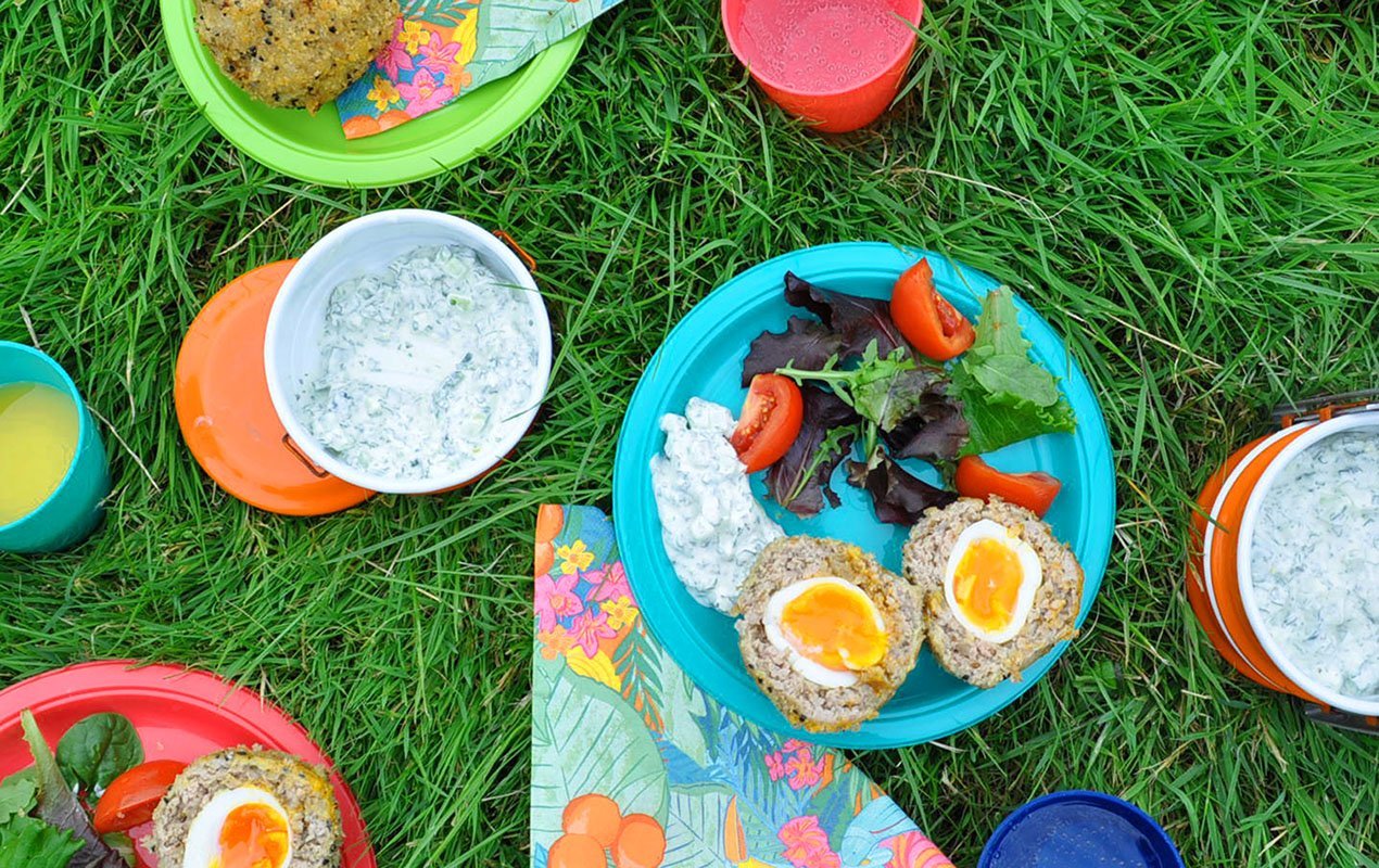 Indian-Spiced Scotch Eggs With Herby Cucumber And Lemon Raita