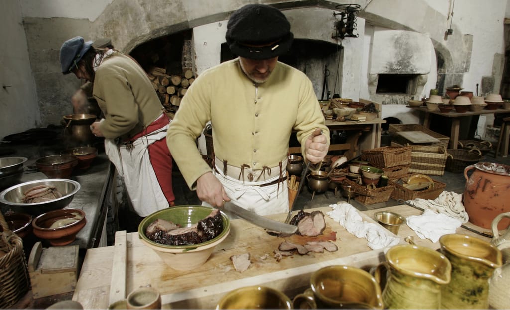King Henry's great Tudor kitchens swing back into action with a series of live cookery events to run throughout the year. Food historians and archaeologists will once again be experimenting with Tudor recipes, utensils and cooking methods. Credit: Richard Lea-Hair/HRP/newsteam.co.uk