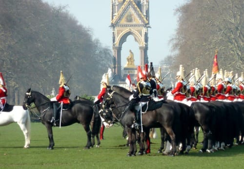 Household Cavalry Prepare for Inspection Albert Memorial Kensington Gardens London