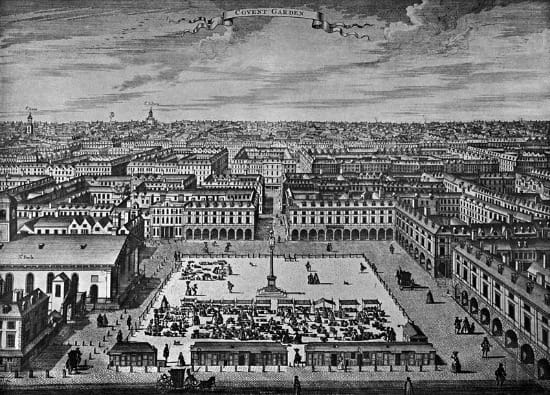 Covent Garden circa 1720 in an engraving by Sutton Nicholls. St. Paul's Church is on the left.