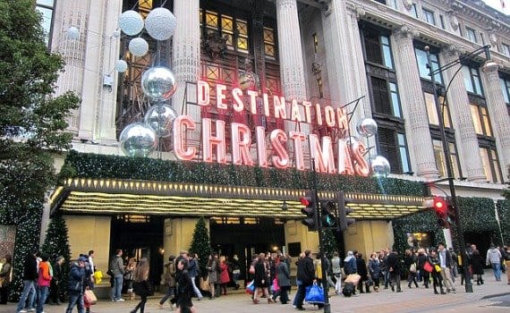 Selfridges department store decorated for the holidays on Oxford Street