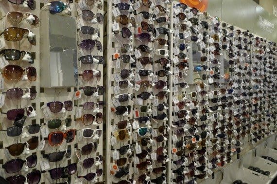 A whole wall of sunglasses at TK Maxx in London