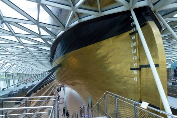 The gold hull of the restored Cutty Sark.